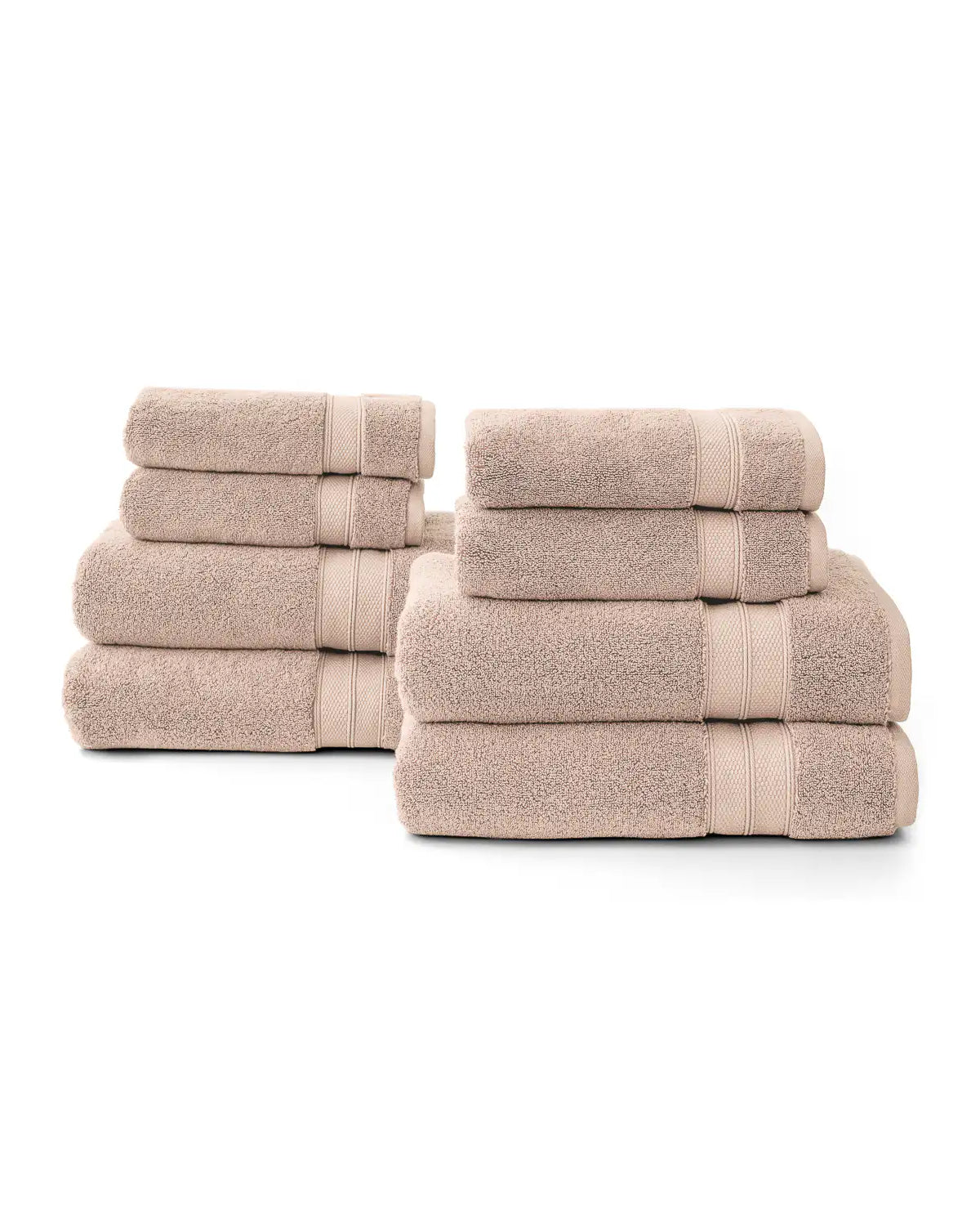 Set of 8 beige modal towels bundled and stacked on a white background, includes cotton hand towels, cotton bath towels