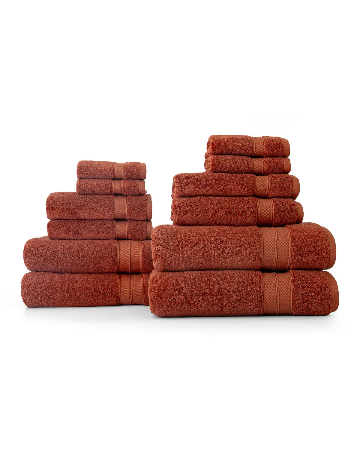 Set of 12 sienna modal towels bundled and stacked on a white background, includes cotton washcloths, cotton hand towels, cotton bath towels