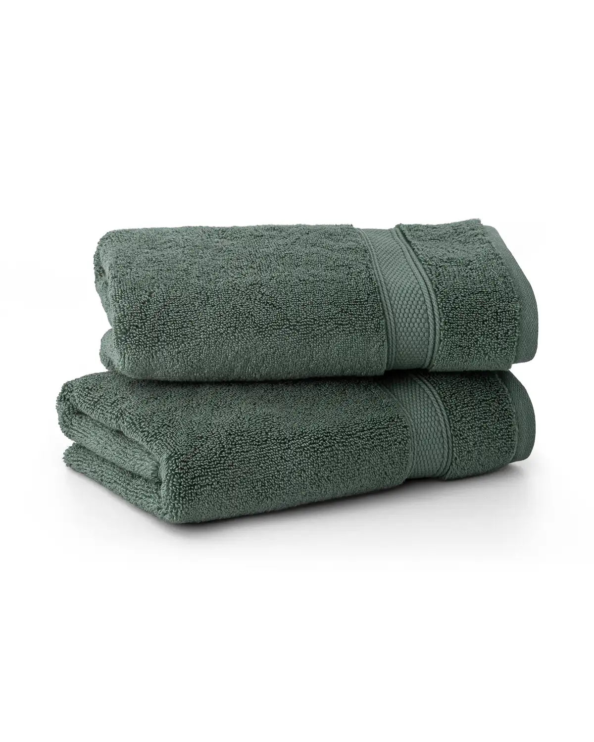Two pine green modal cotton premium towels stacked on a white background