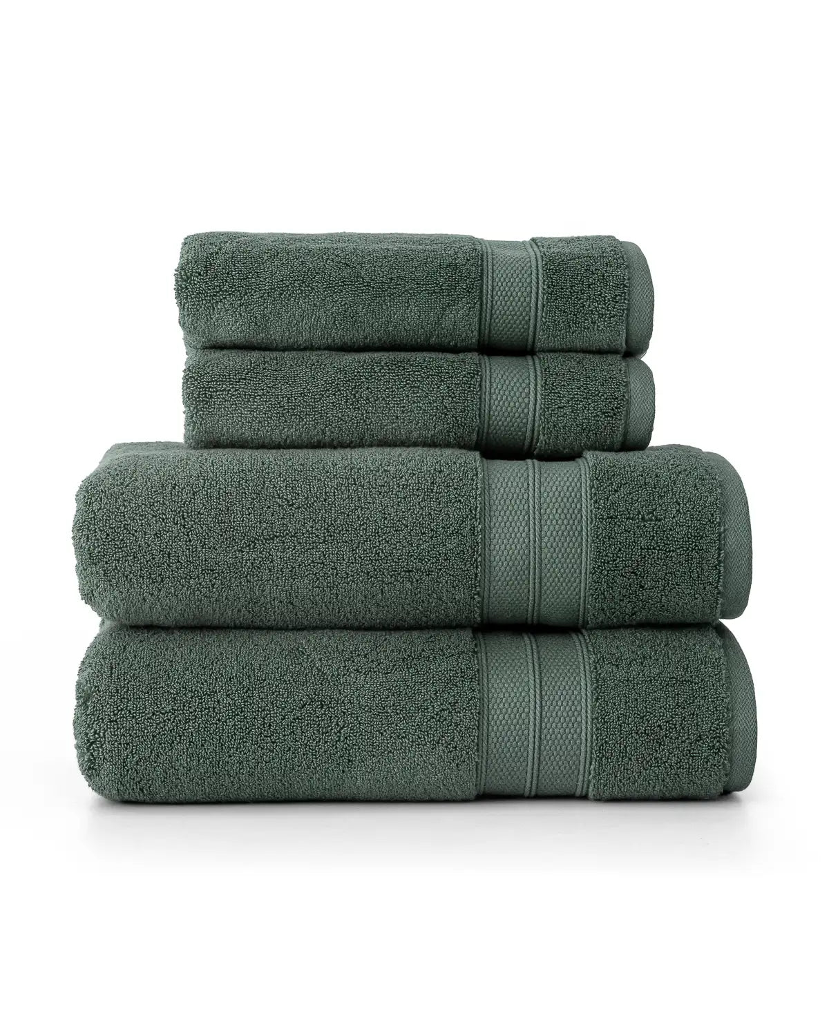 Set of 4 dark green modal towels bundled and stacked on a white background, includes cotton hand towels, cotton bath towels