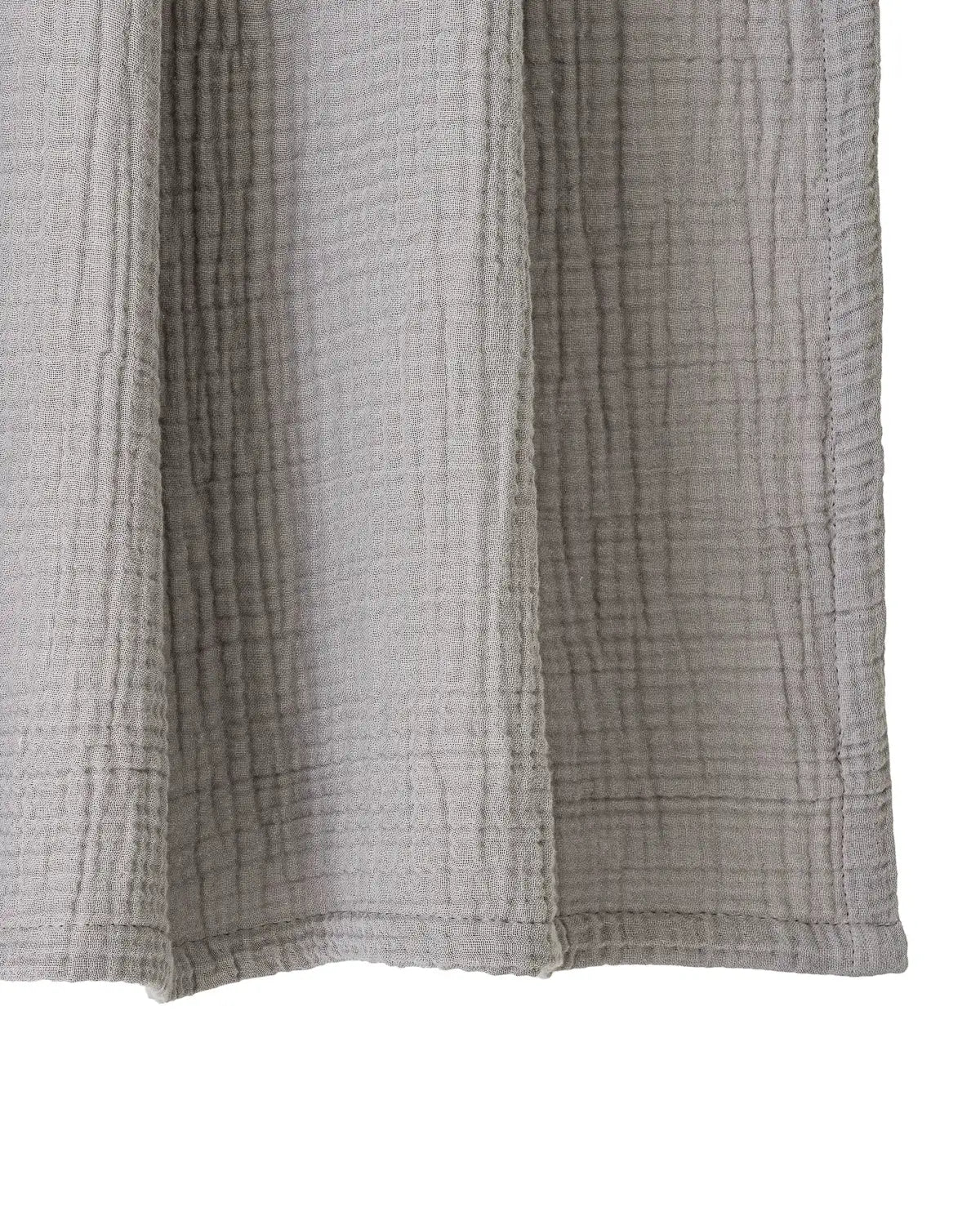 A opal gray color 4-layer cotton gauze shower curtain photographed against a white background.