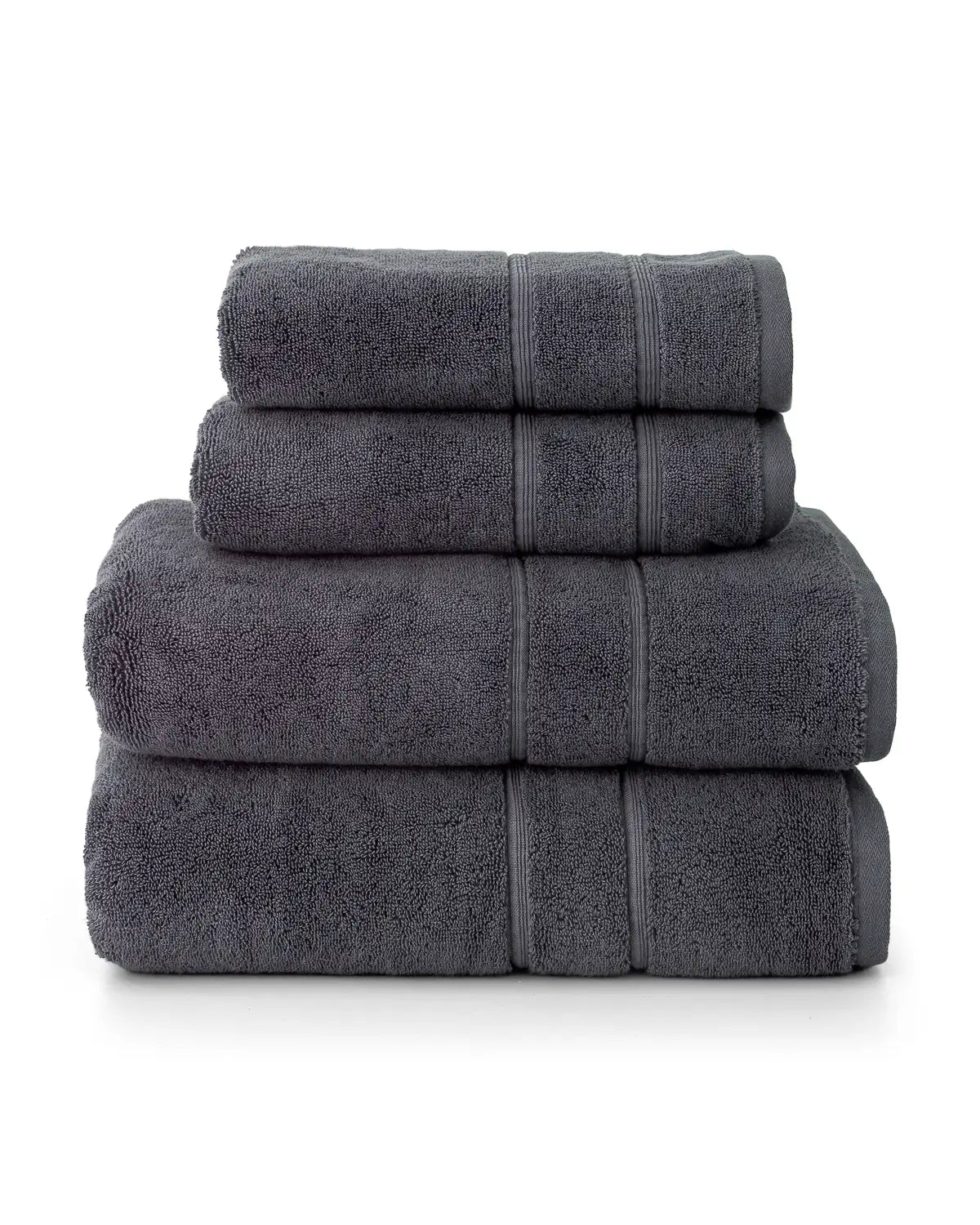 Set of 4 dark gray Turkish towels bundled and stacked on a white background, includes cotton hand towels, cotton bath towels