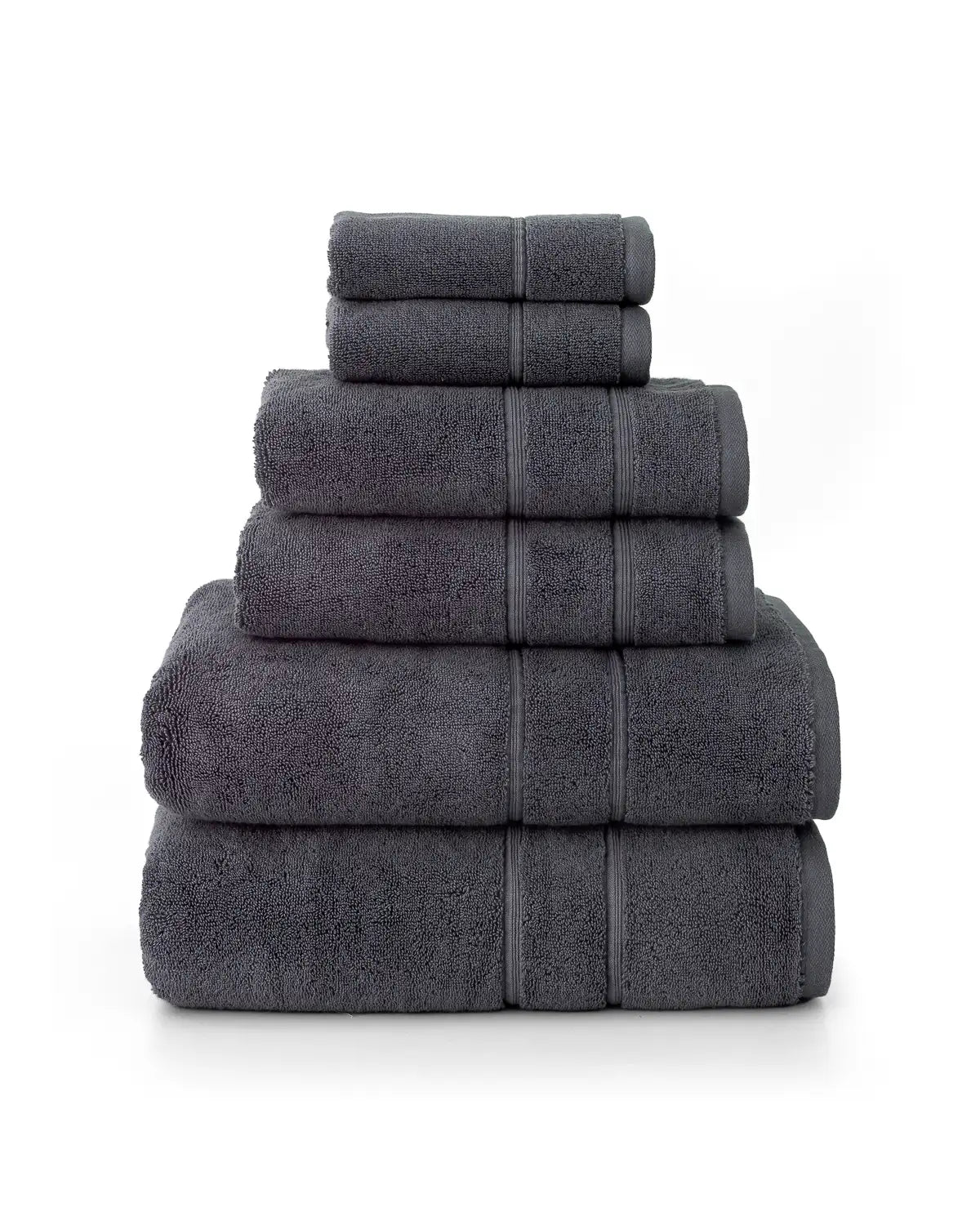 Set of 6 dark gray Turkish towels bundled and stacked on a white background, includes cotton washcloths, cotton hand towels, cotton bath towels