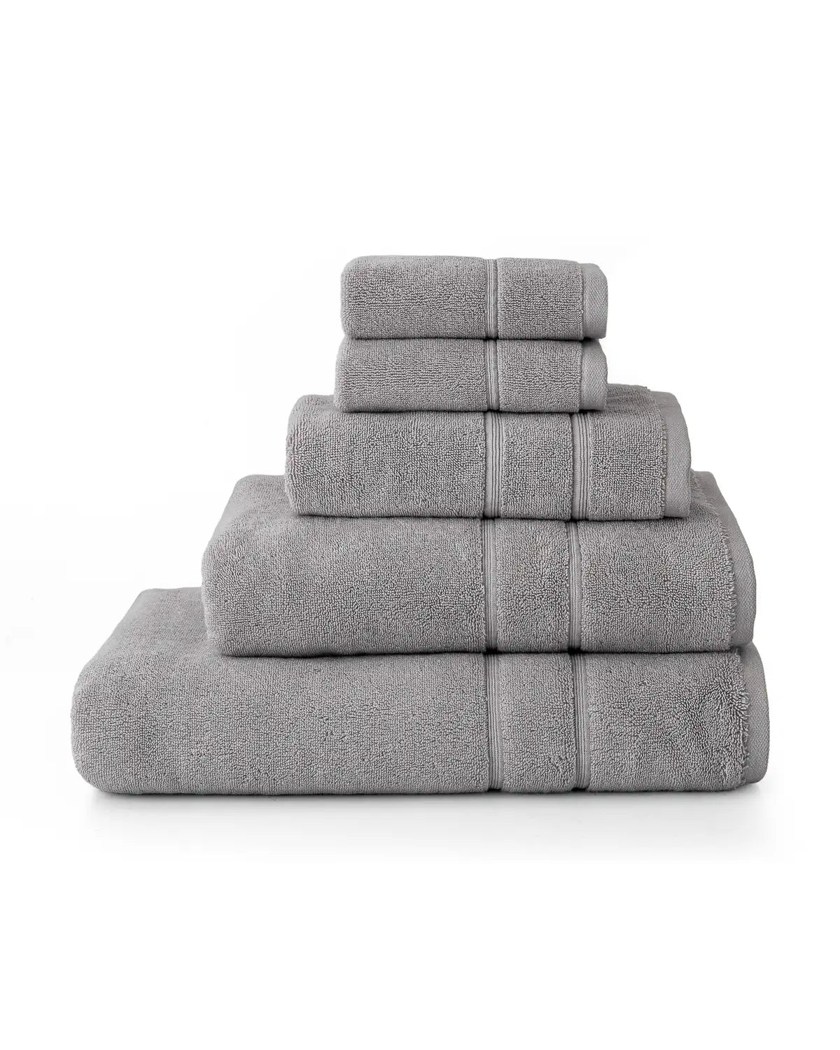 Set of 5 light gray Turkish towels bundled and stacked on a white background, includes cotton washcloths, cotton hand towel, cotton bath towel, cotton bath sheet