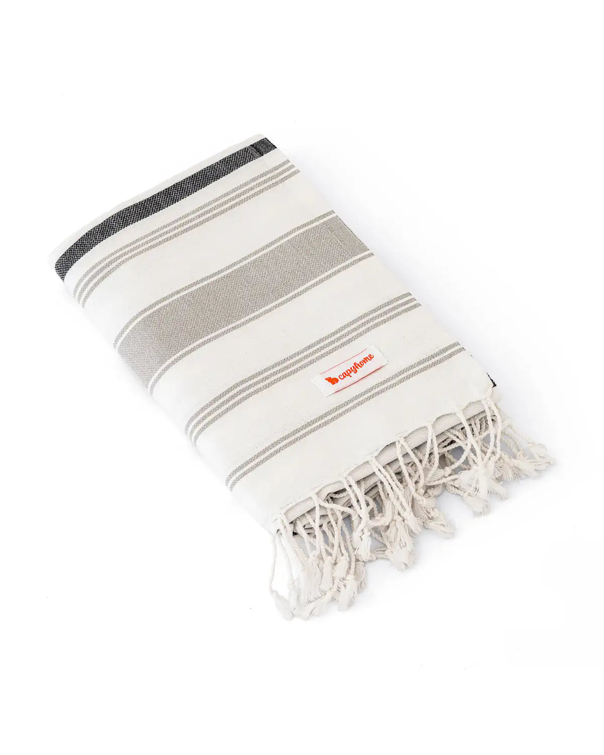 Ultra-Lightweight Multi-Purpose Beach Towel  with gray stripes and fringes on a white background