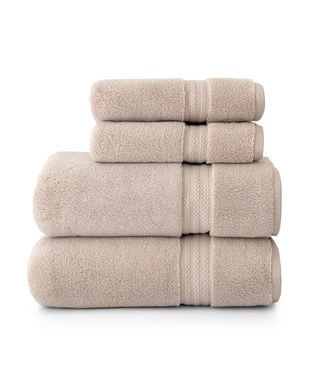 Set of 4 beige plush towels bundled and stacked on a white background, includes cotton hand towels, cotton bath towels