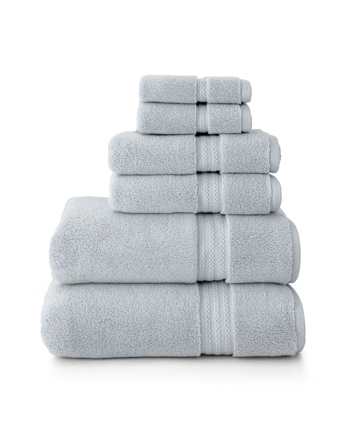Set of 6 light blue plush towels bundled and stacked on a white background, includes cotton washcloths, cotton hand towels, cotton bath towels