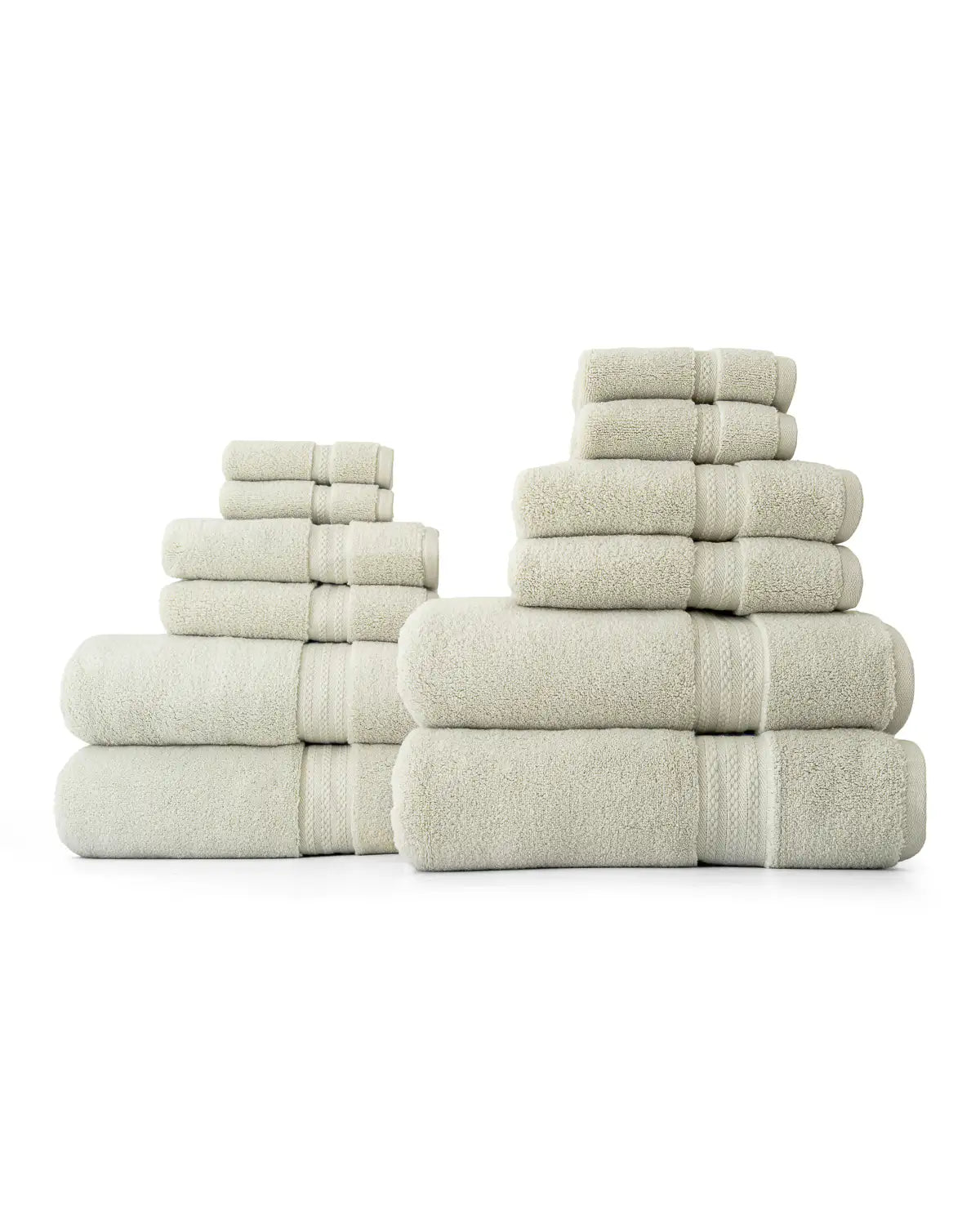 Set of 12 light green plush towels bundled and stacked on a white background, includes cotton washcloths, cotton hand towels, cotton bath towels