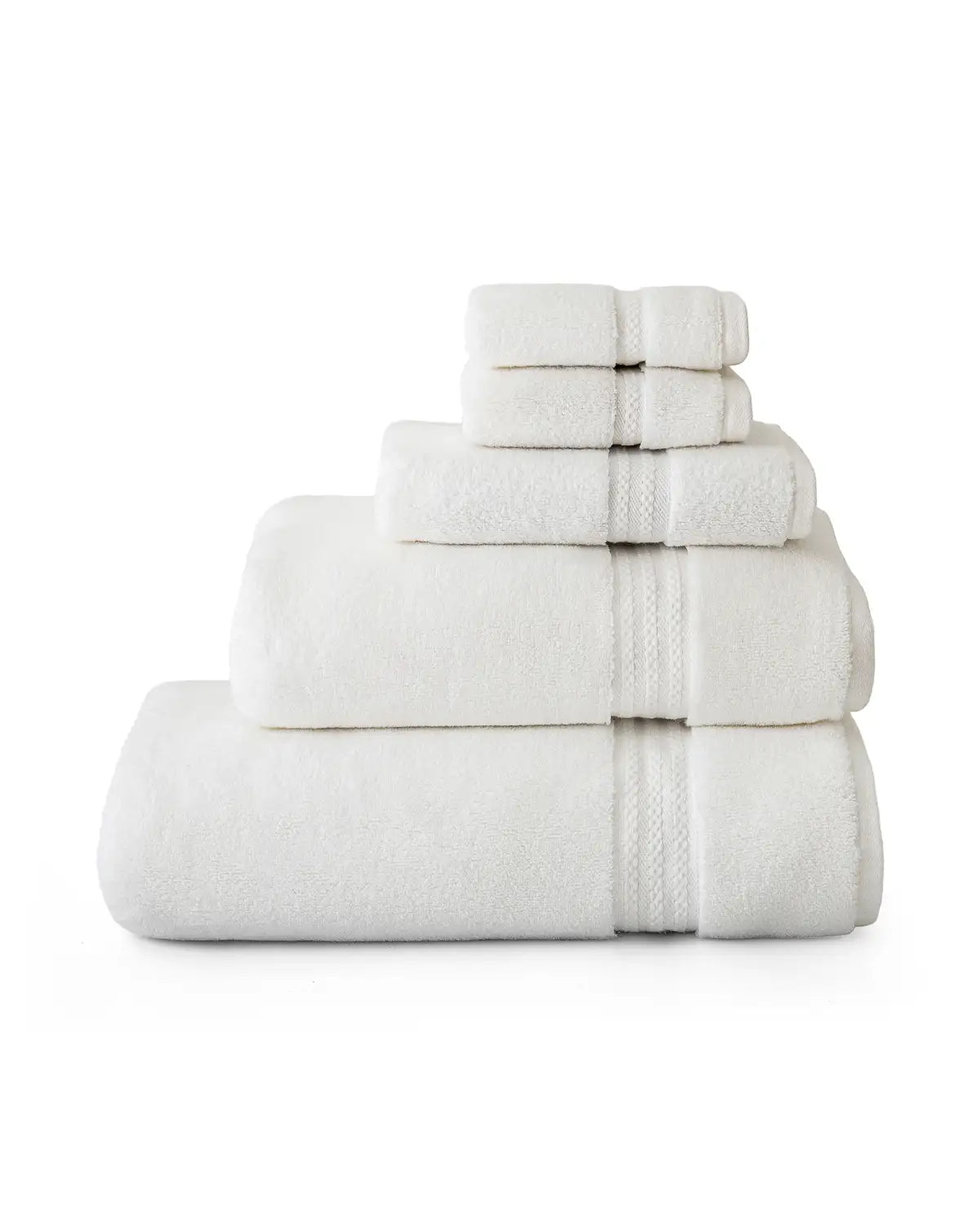Set of 5 white plush towels bundled and stacked on a white background, includes cotton washcloths, cotton hand towel, cotton bath towel, cotton bath sheet